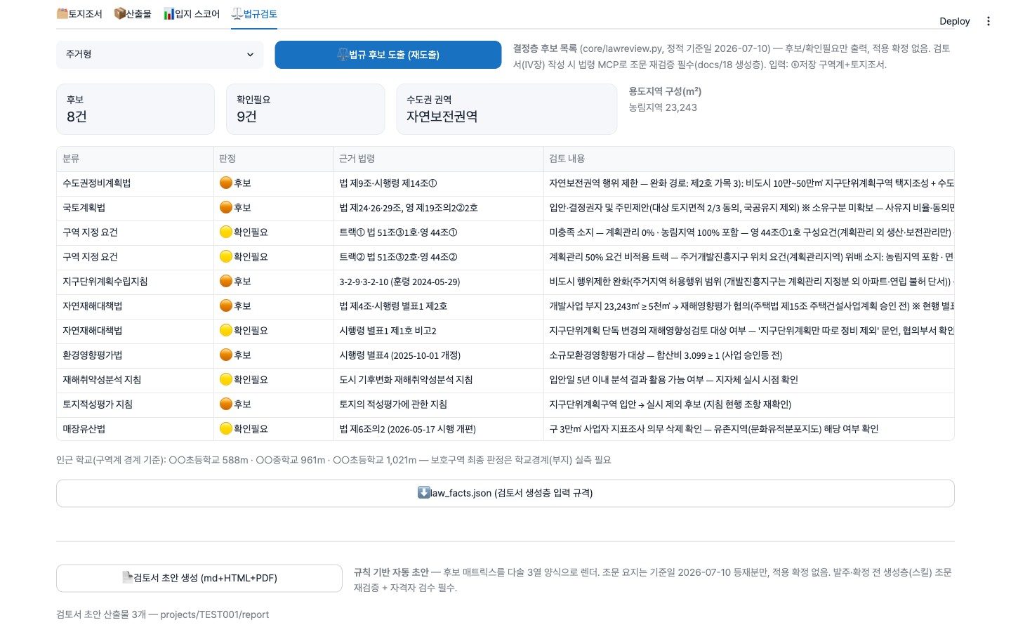 법규검토 탭 — 후보·확인필요 판정 배지가 붙은 법규 후보 목록